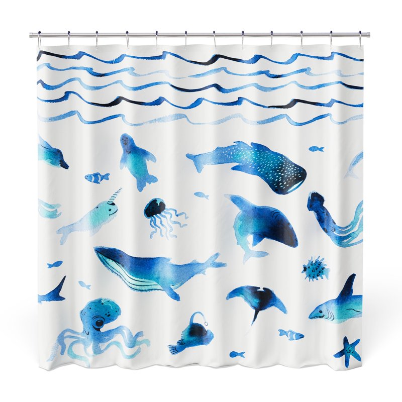 Kids Fabric Shower Curtain with Hooks Set - Ocean Pattern, 72x72 Inches