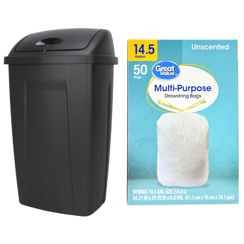 13 Gallon Kitchen Trash Can - Black Plastic Garbage Bin with Swing Top Lid and Trash Bag