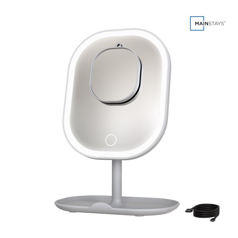 Rechargeable LED Vanity Mirror with 5x Magnification and Storage Tray