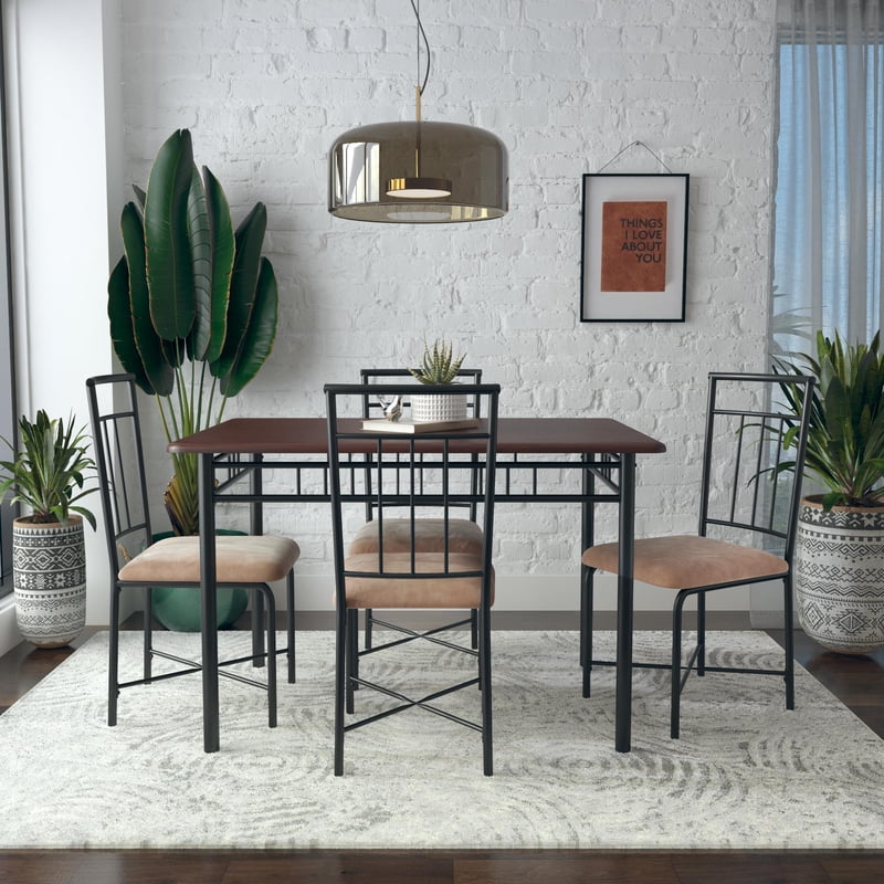 5-Piece Wood & Metal Dining Set with Upholstered Chairs - Deep Walnut