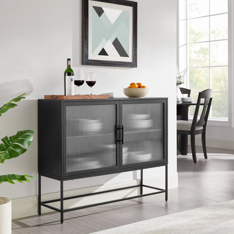 Metal and Fluted Glass Bar Cabinet - Black Finish