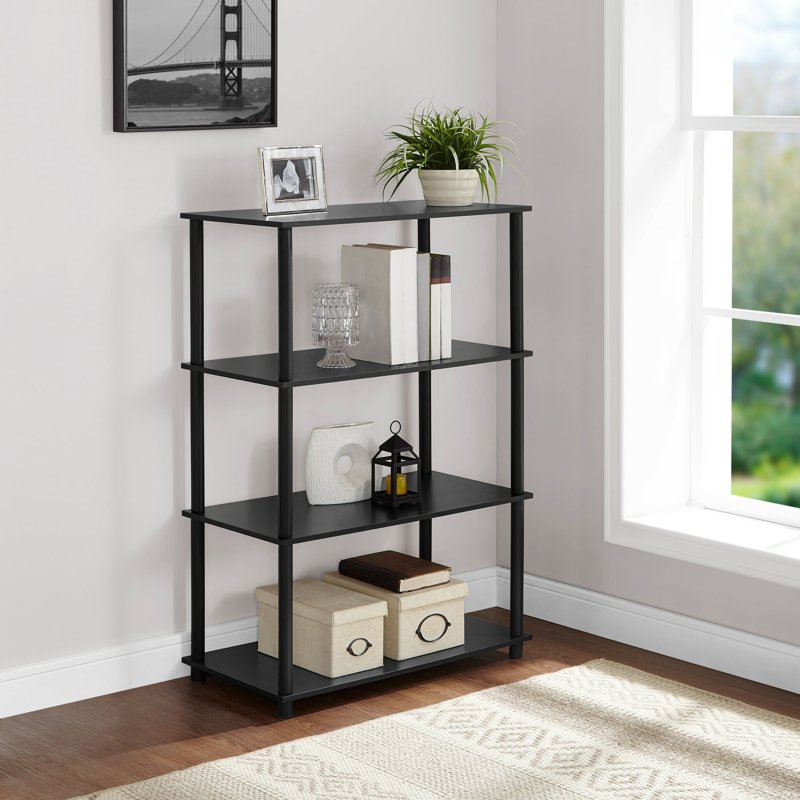 No Tools 4-Shelf Bookcase - Easy Assembly, True Black Oak Finish