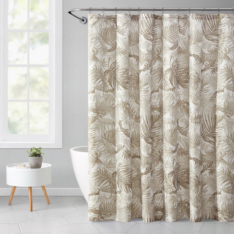Taupe Palm Printed Ribbed Shower Curtain - 72x72 Inches, Polyester, Waterproof, Variation of Curtain