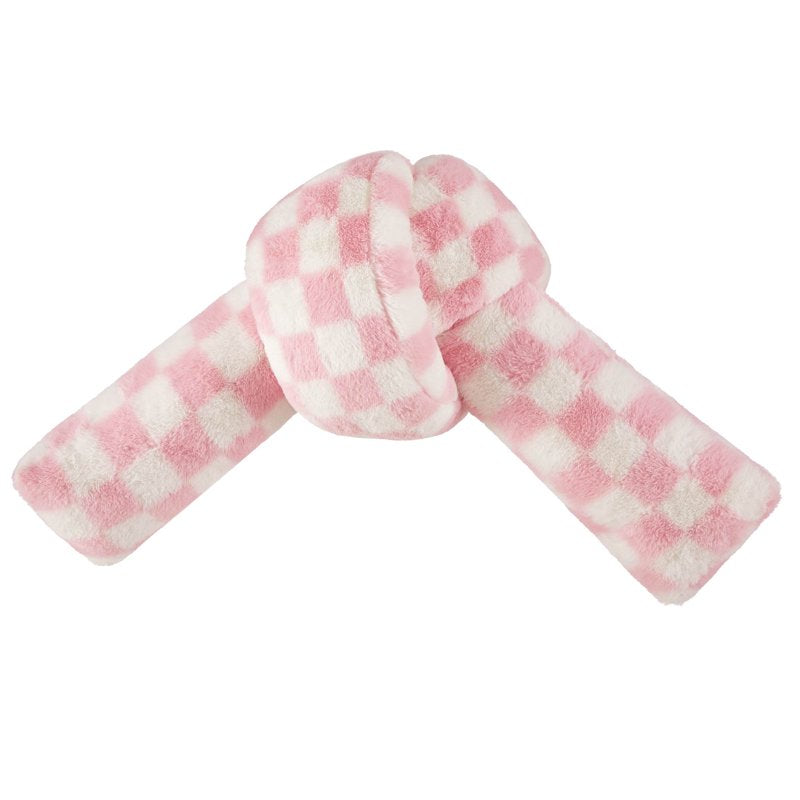 Mainstays Pink Checkered Knot Faux Fur Body Pillow 22x11 Inches - Pink & White Check Variation