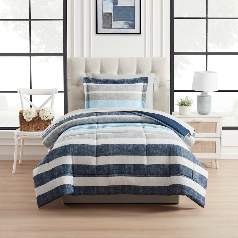 Twin-XL Bed in a Bag Set with Reversible Comforter and Sheets - Blue Stripe