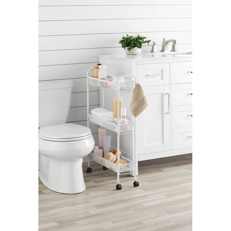 Mainstays 3-Tier Slim Rolling Bathroom Storage Cart with Hooks - White