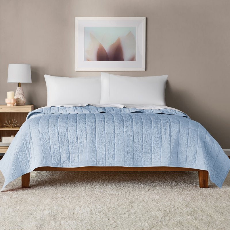 King Blue Crinkle Quilt - Microfiber Bedding, Lightweight, Machine Washable
