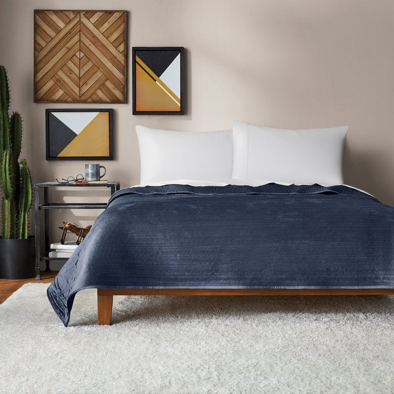 Mainstays Full/Queen Velvet Stripe Quilt - Dark Blue, Soft Microfiber Bedding