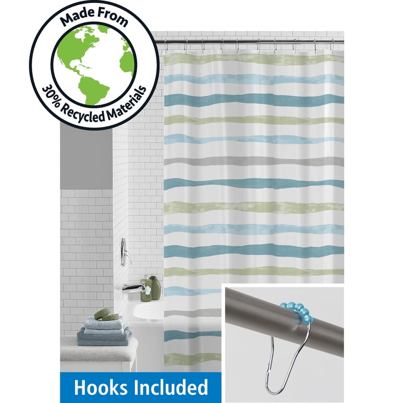 Waterproof Shower Curtain Set with Hooks - 70x72 Inches, Blue Watercolor Stripe