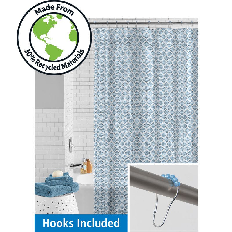 Single Waterproof Blue Medallion Shower Curtain Set with Hooks - 70x72 Inches
