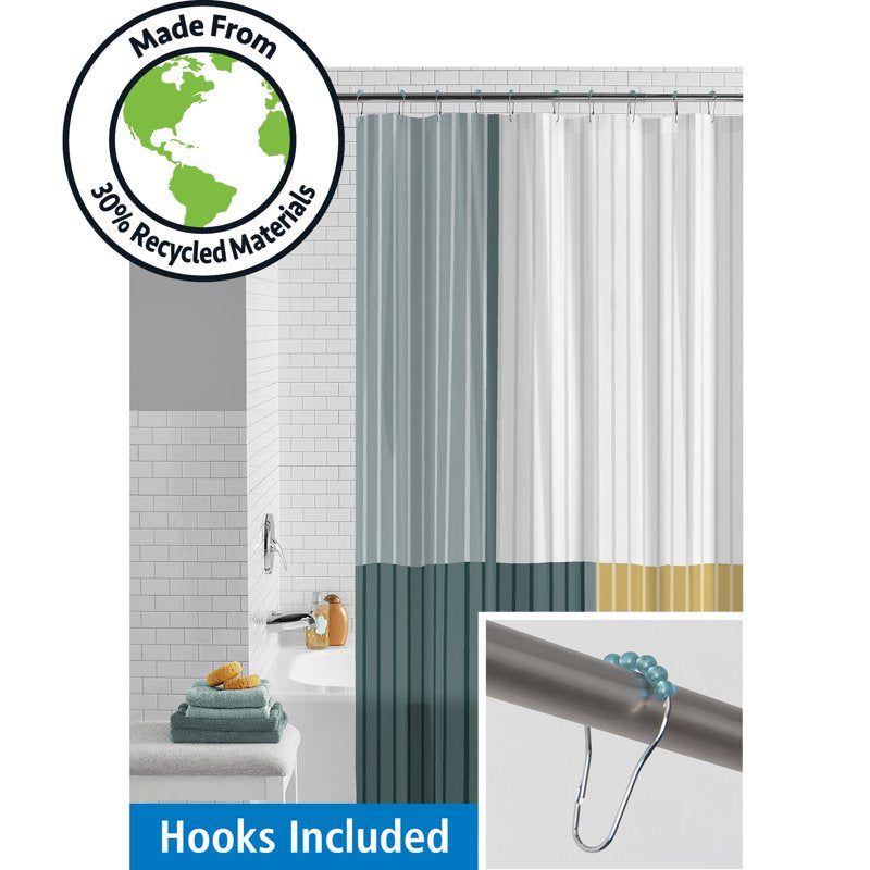 Recycled PEVA Shower Curtain Set with Hooks - Green Colorblock Stripe, Waterproof, 70x72 Inches