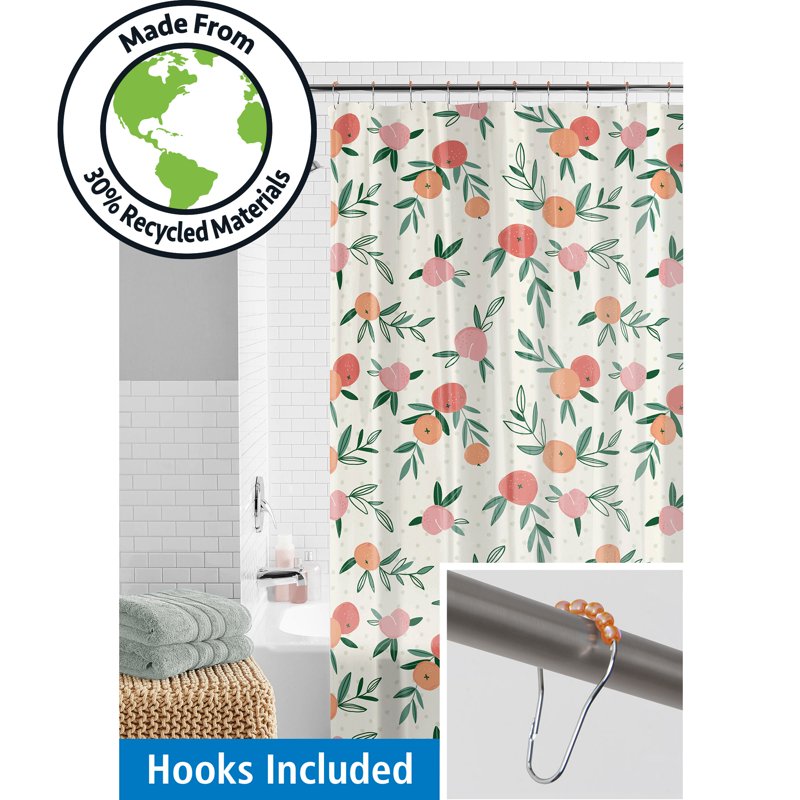 Waterproof Shower Curtain Set with Hooks - Peaches Design, 13-Piece, 70x72 Inches