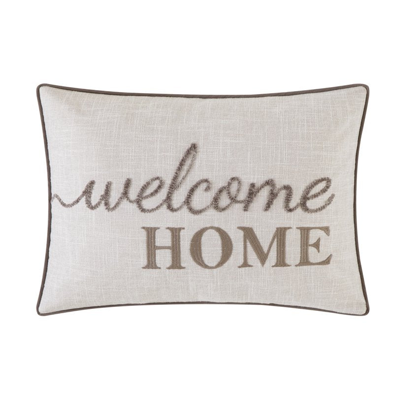 Beige Faux Linen Welcome Home Embroidered Decorative Pillow - 14x20 Inches
