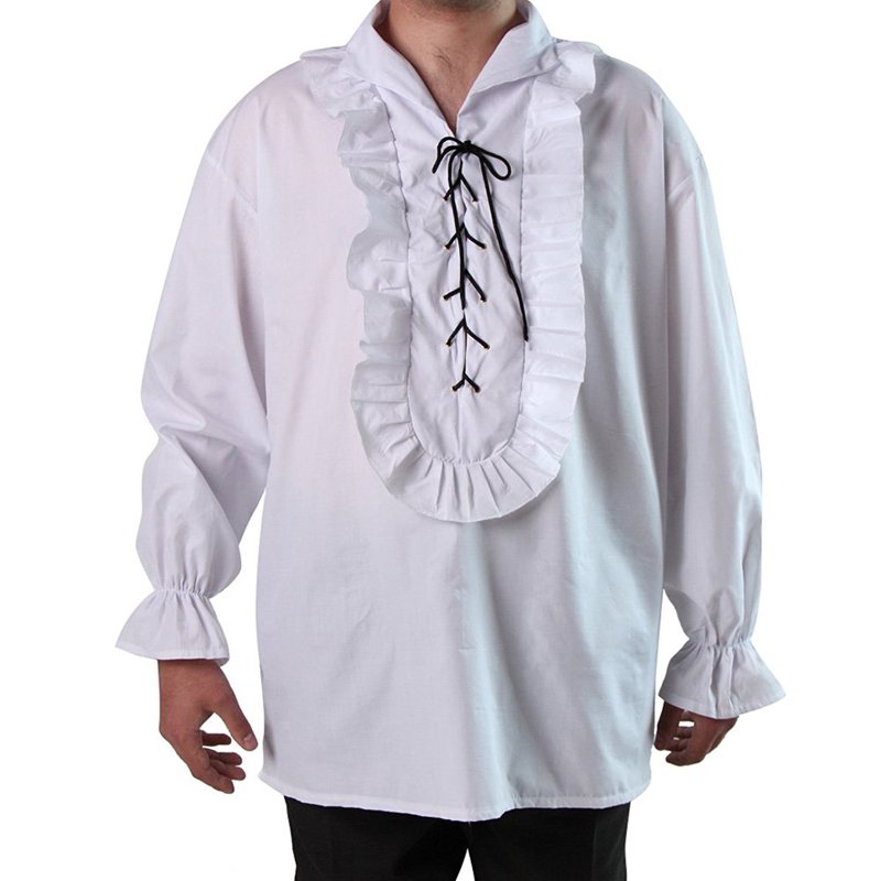 Men's Pirate Shirt with Ruffles & Lace-Up Front - White Costume Top