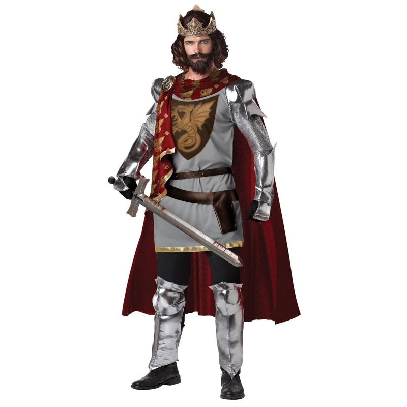 Men's King Arthur Costume L with Cape, Crown & Accessories - Gray Tunic
