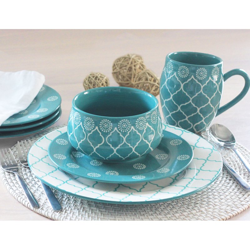 16 Piece Stoneware Dinnerware Set - Turquoise