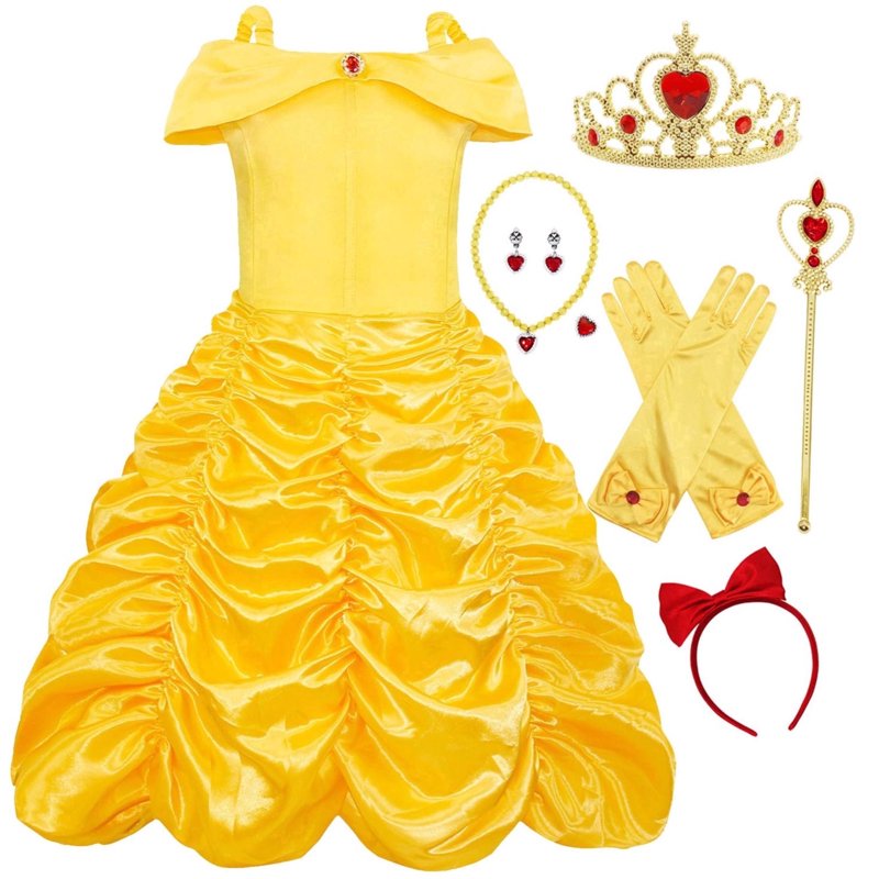 Girls Princess Dress Off Shoulder Costume G010-Yellow 8 (6-7 Years) - Little Girl Halloween Birthday Outfit