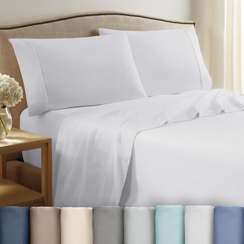 Full Size Cotton Sateen Bed Sheet Set - 4 Piece, White, 400TC, Lightweight & Wrinkle-Resistant