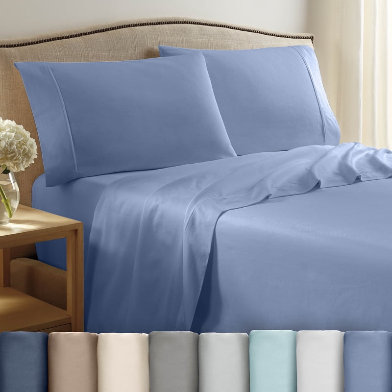 King Size 400TC Cotton Sateen Bed Sheet Set - Blue, 4-Piece