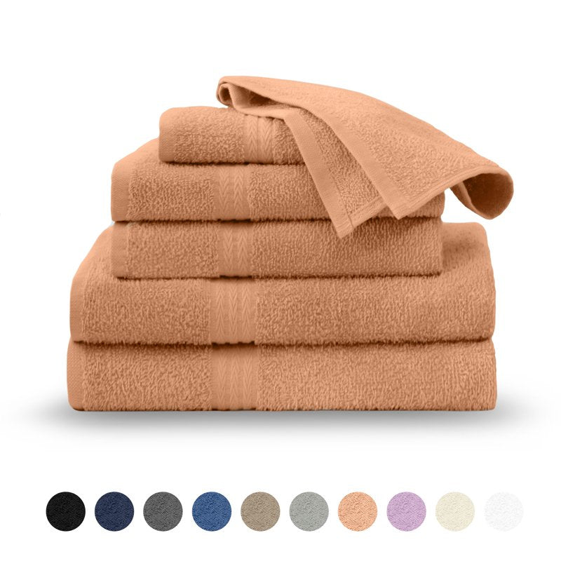 Cotton Towel Set - 6-Piece Soft Quick-Dry Towels in Peach - Bath & Hand Towels