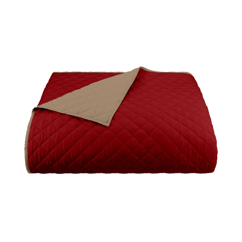 Reversible Microfiber King Coverlet - Khaki/Red Lightweight Bedding