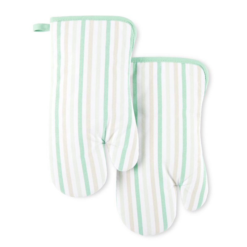 Daisy Stripe Oven Mitt Set 2-Pack - Green, 7" x 13"
