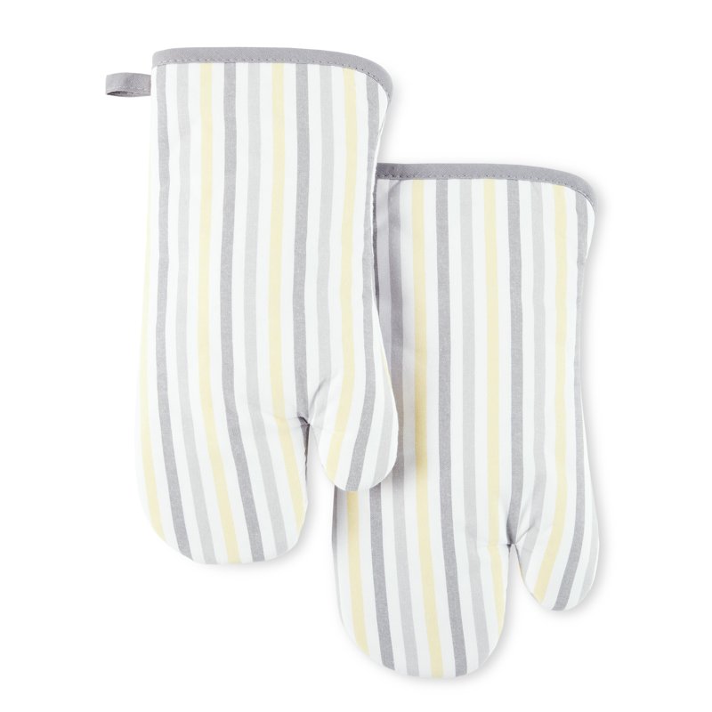 Daisy Stripe Oven Mitt Set - Grey/Yellow, 2-Pack, 7x13