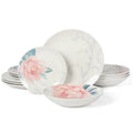 Peony 12-Piece Round Fine Ceramic Dinnerware Set - White & Pink