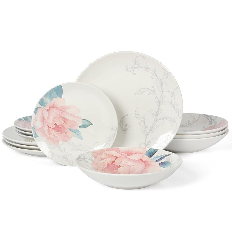 Peony 12-Piece Round Fine Ceramic Dinnerware Set - White & Pink