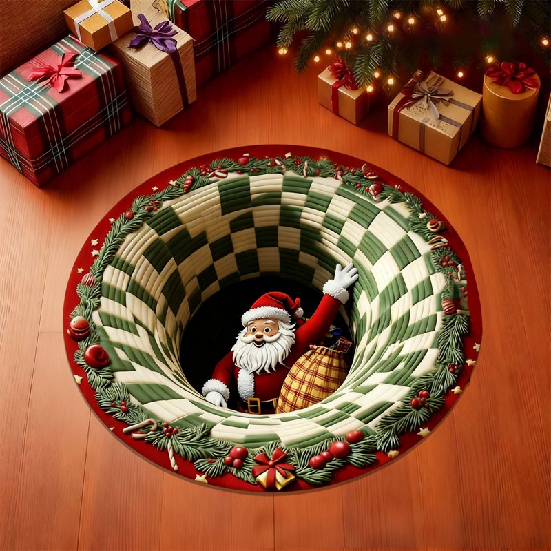 Christmas Santa Round Rug - 3D Washable Non-Slip Holiday Carpet for Living Room - Variation #6C