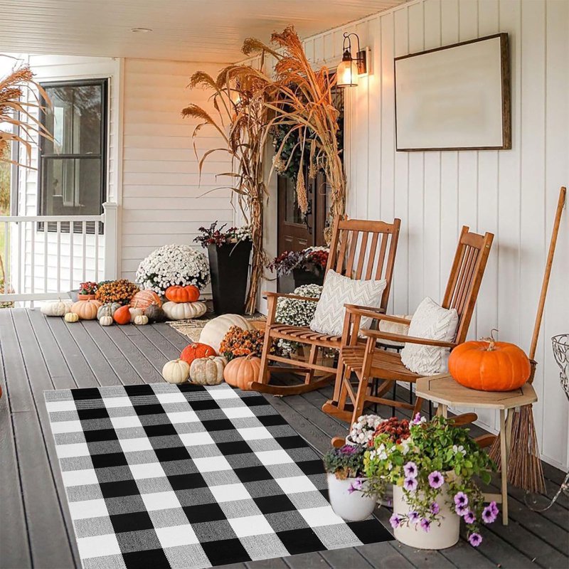 Outdoor Fall Rug - Extra Soft Woven Plaid Doormat for Front Door & Porch - Variation #5