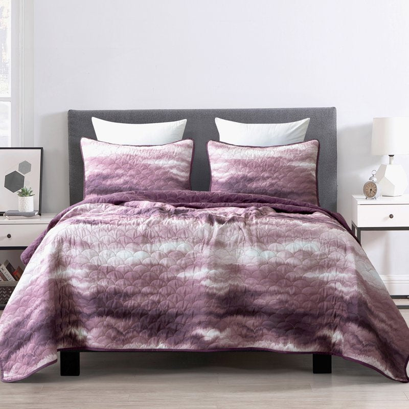 King Reversible Bedspread Set with Mauve & Purple Tie-Dye Pattern