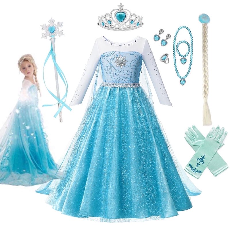 Girls Princess Costume Dress with Accessories - Snow Queen Cosplay Set 2-12T Variation of Dress+Accessories, 140 (7-8T)