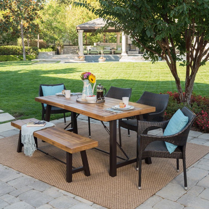 Outdoor 6-Piece Acacia Wood Dining Set with Wicker Chairs