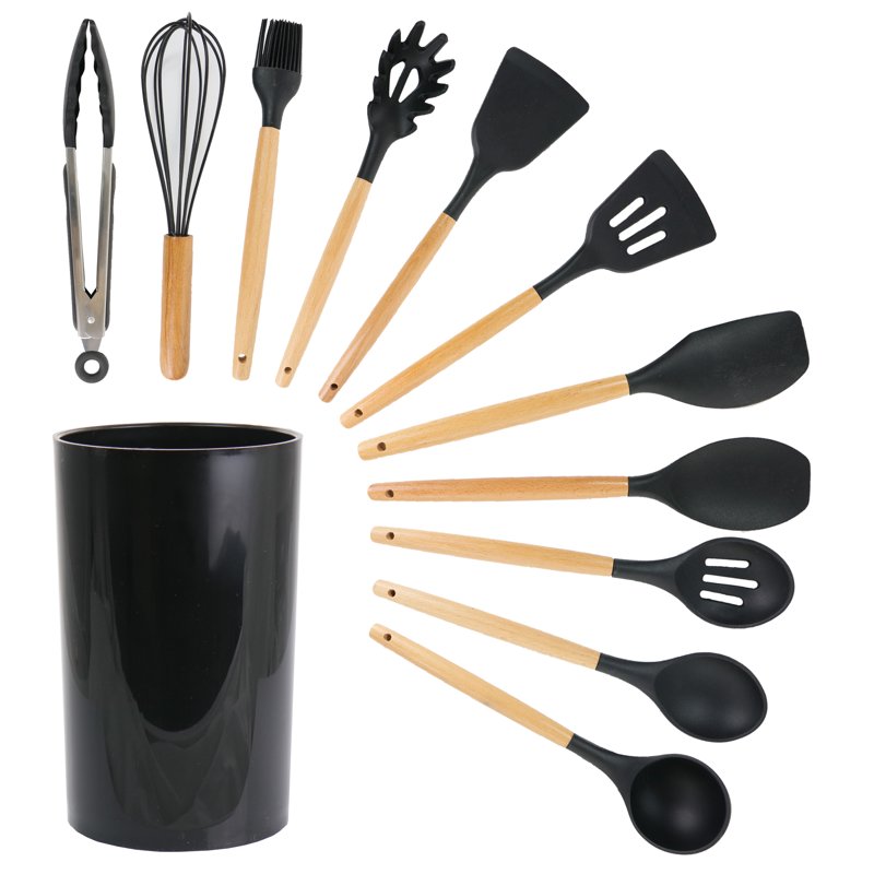 12 Piece Silicone and Wood Cooking Utensil Set - Black