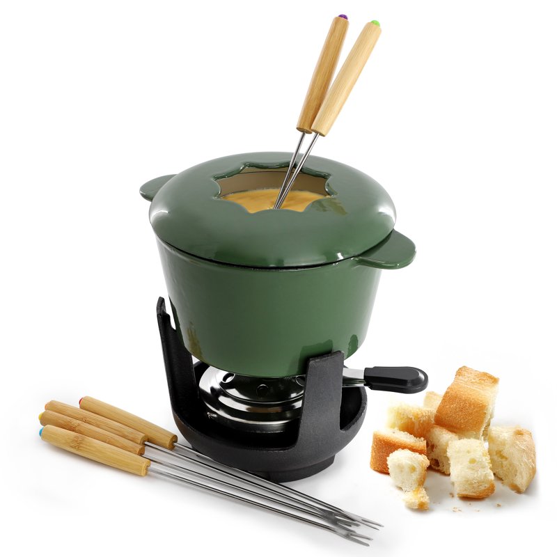 Enameled Cast Iron Fondue Pot Set with 6 Serving Forks - Green