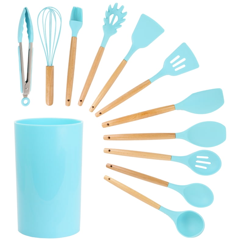12 Piece Silicone and Wood Cooking Utensil Set - Light Teal
