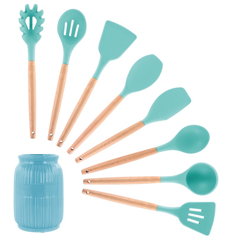 9 Piece Silicone and Wood Cooking Utensil Set - Light Teal