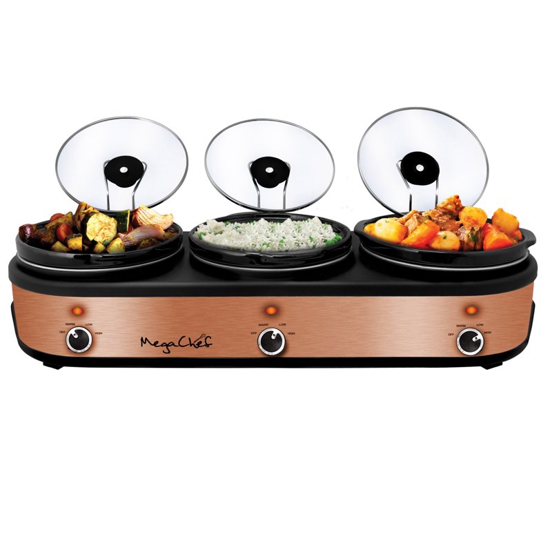 Triple Slow Cooker Buffet Server with 3 Ceramic Pots - Brushed Copper & Black