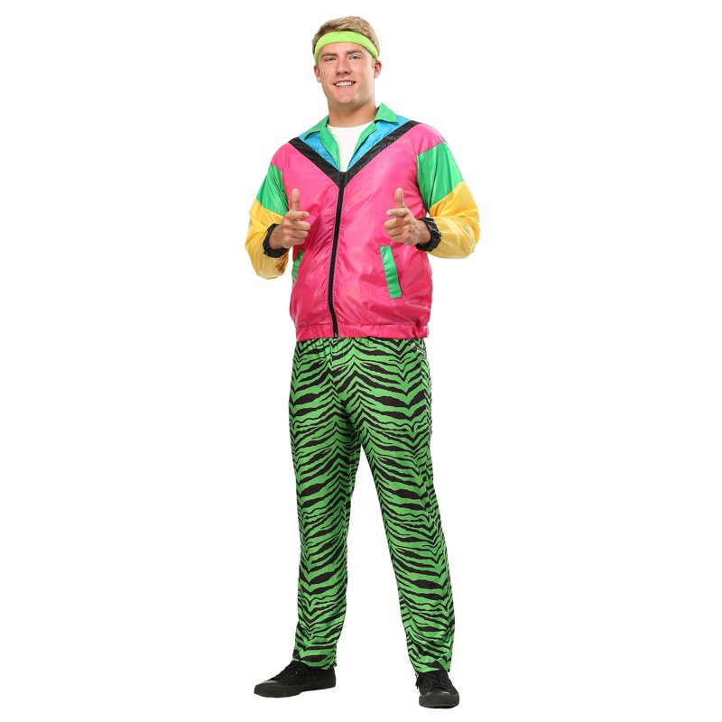 Men's 80s Jock Costume M - Retro Neon Jacket & Tiger Striped Pants
