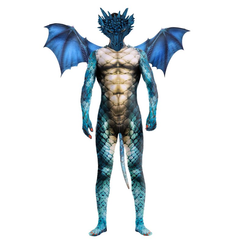 Blue Men's Full Body Dragon Costume Bodysuit with Wings Mask Tail 2XL Halloween