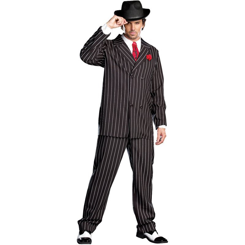 Men's Gangsta Costume L Black & White Pinstripe Suit with Tie & Carnation