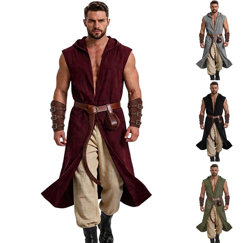 Men's Medieval Viking Costume Set Black 3XL - Hooded Cape Belt Bracers Halloween