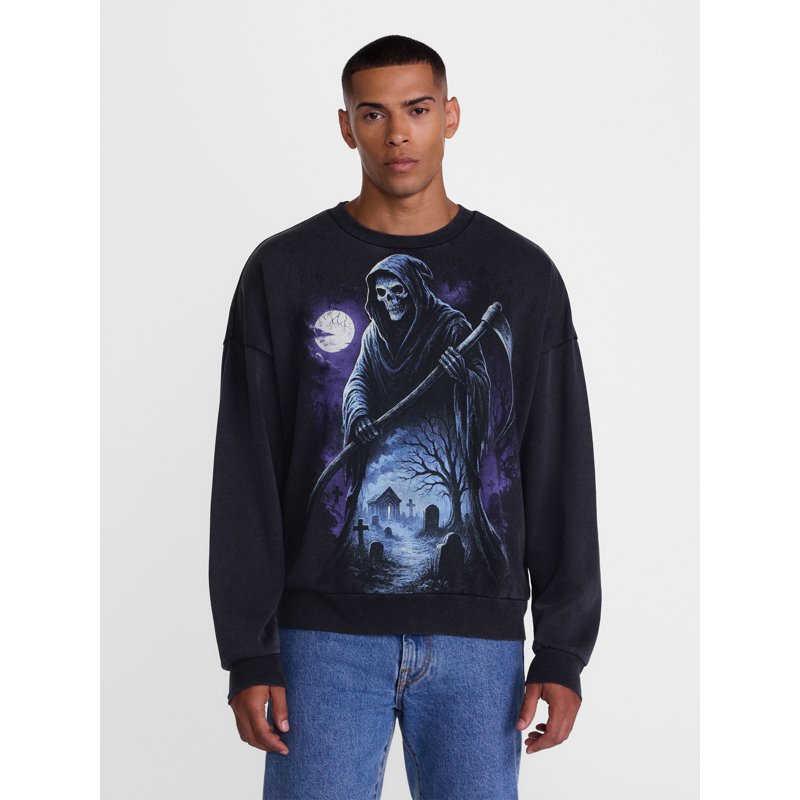 Men's Halloween Grim Reaper Graphic Long Sleeve Sweatshirt - Black Soot LT