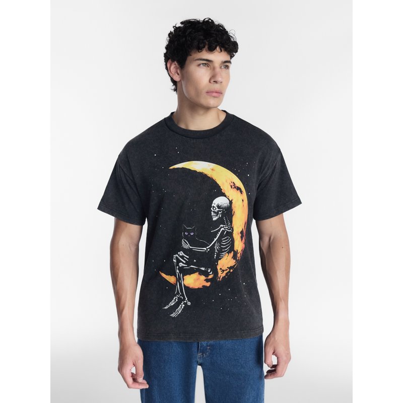 Men's Halloween Skeleton Moon Graphic T-Shirt - Mineral Wash XL - Black
