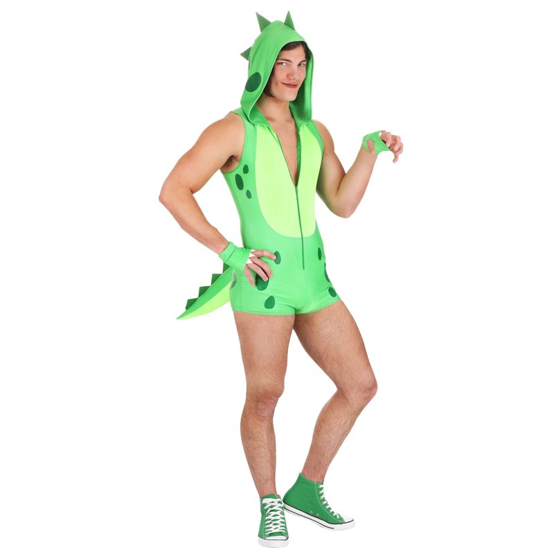 Men's Dinosaur Costume Romper - Sexy Green Dino Jumpsuit with Spikes, Hood & Tail - M