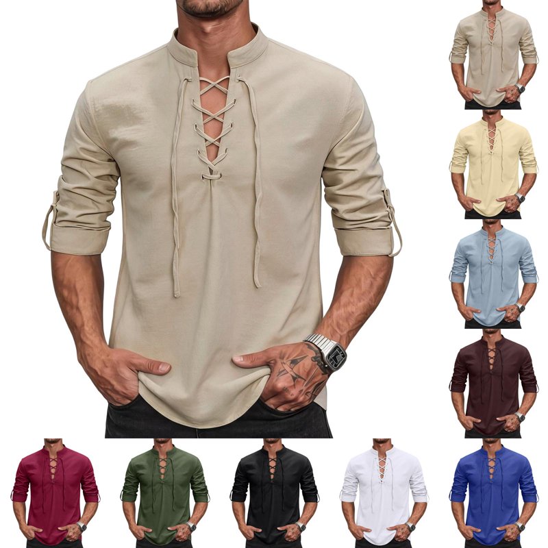 Mens Renaissance Pirate Viking Costume Shirt White S - Long Sleeve Lace Up Top