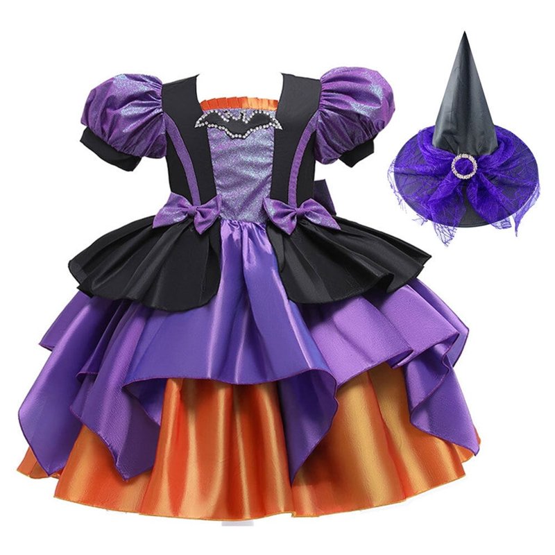 Kids Halloween Witch Costume with Hat & Puff Sleeves - Purple, 5-6 Years