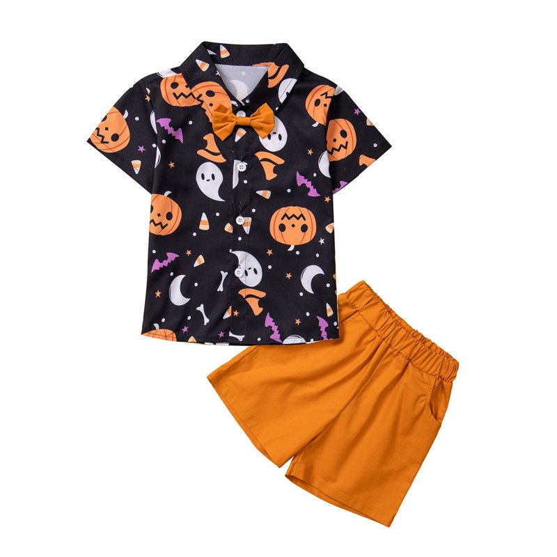 Toddler Boy Halloween Outfit Set with Pumpkin Head T-Shirt and Shorts - Black, 18-24 Months