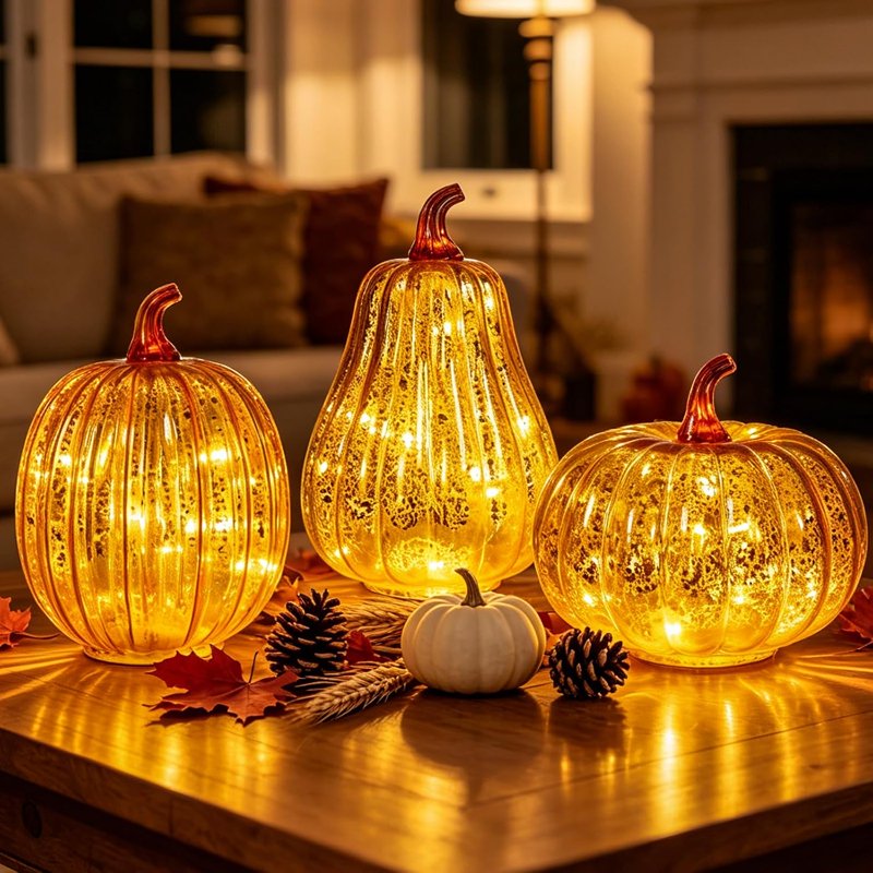 Mercury Glass Pumpkin Lights with Timer - Fall Harvest Decor, C#2, 1 Piece